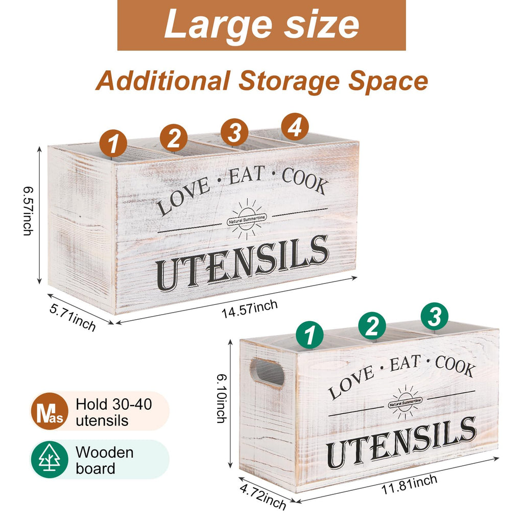 2 PC Wooden Utensil Holder,(With 4-Compartments size*1 + 3-Compartments size*1) Extra Large Kitchen Counter,Cooking