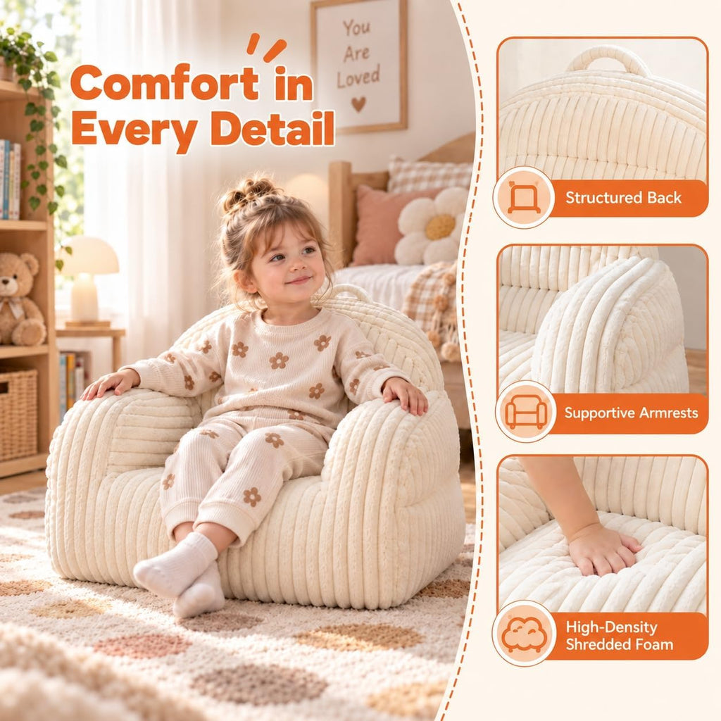 Kids Sofa Chair, Comfy Bean Bag Chair with Armrests, Ages 3 and Up, Beige