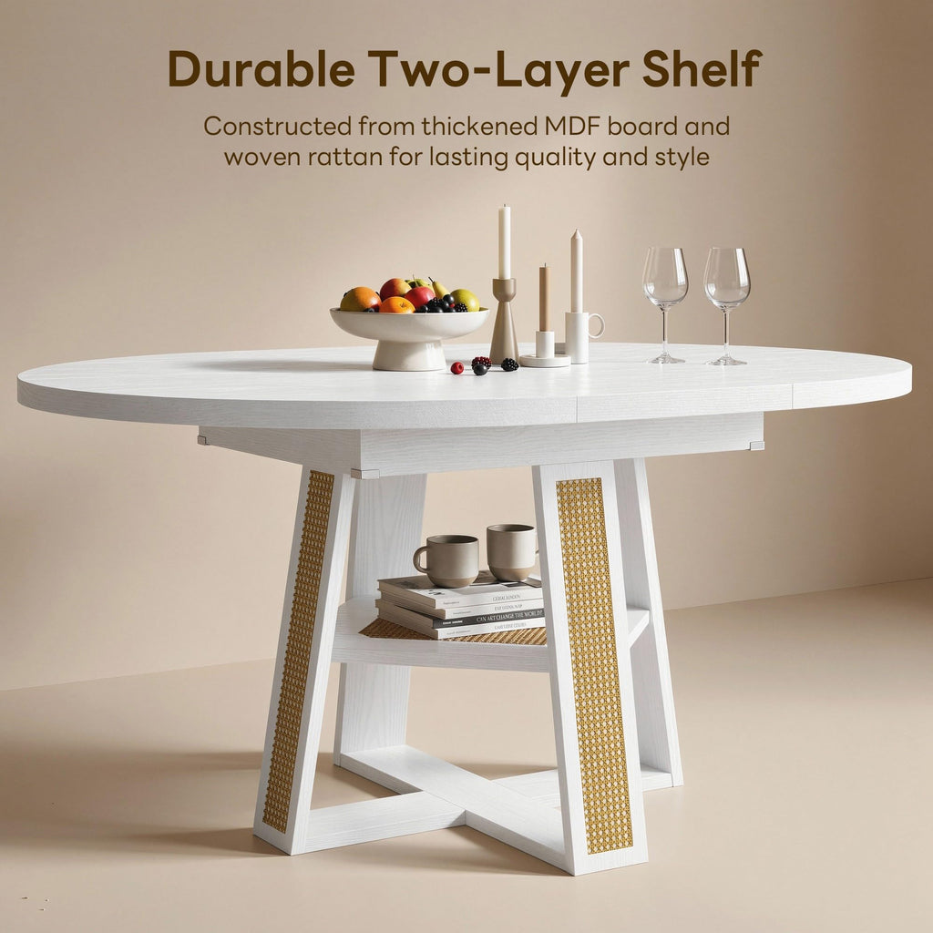 Dining Table, 43"-59" Extendable Round to Oval with Storage, White