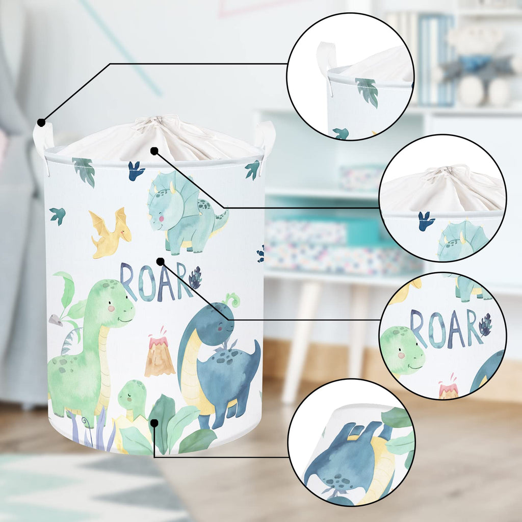 45L Cartoon Green Dinosaur Laundry Basket with Handle Round Bedroom Bathroon Toys Clothes Storage Basket