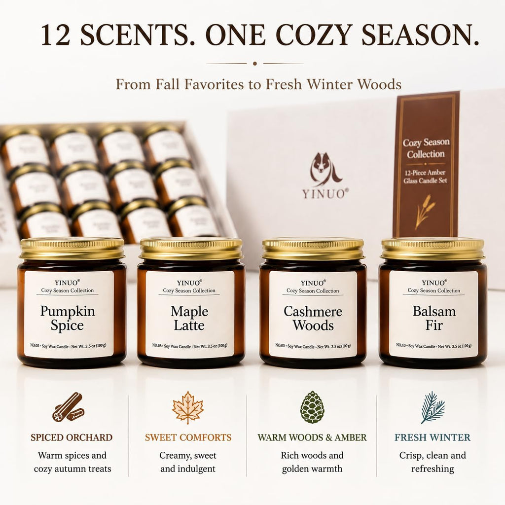 12-Piece Fall & Winter Scented Candle Gift Set, 3.5 oz Each | 12 seasonal scents in amber glass jars, soy wax and