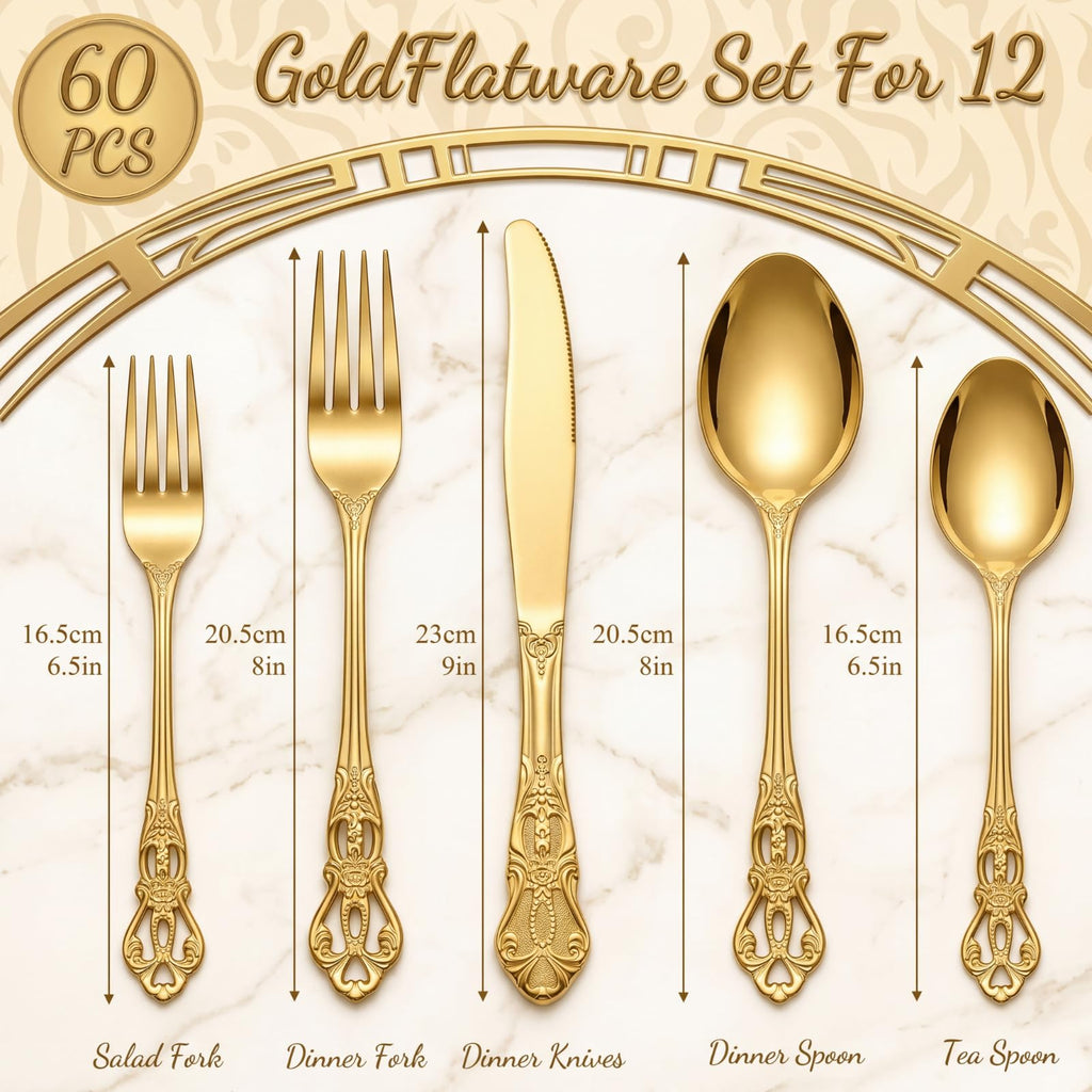 60 Pcs Gold Stainless Steel Flatware Set, Retro Vintage Silverware with Forks Spoons Knives Mirror Polished Cutlery