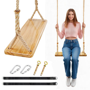 Hanging Wooden Tree Swing with Adjustable Hemp Rope & Tree Straps