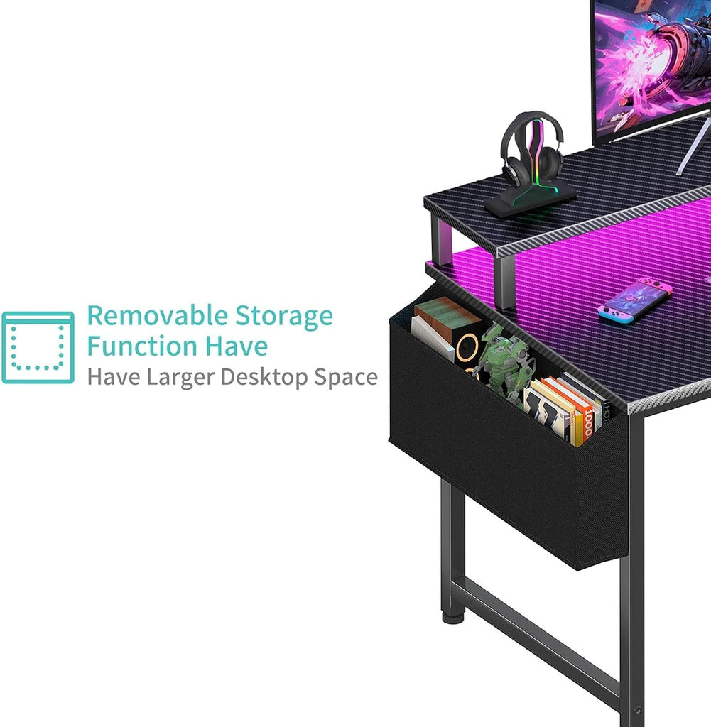 Gaming Desk with Power Outlets and LED Lights, 40 Inch Gamer Desk Table with Charging Station, Home Office Computer