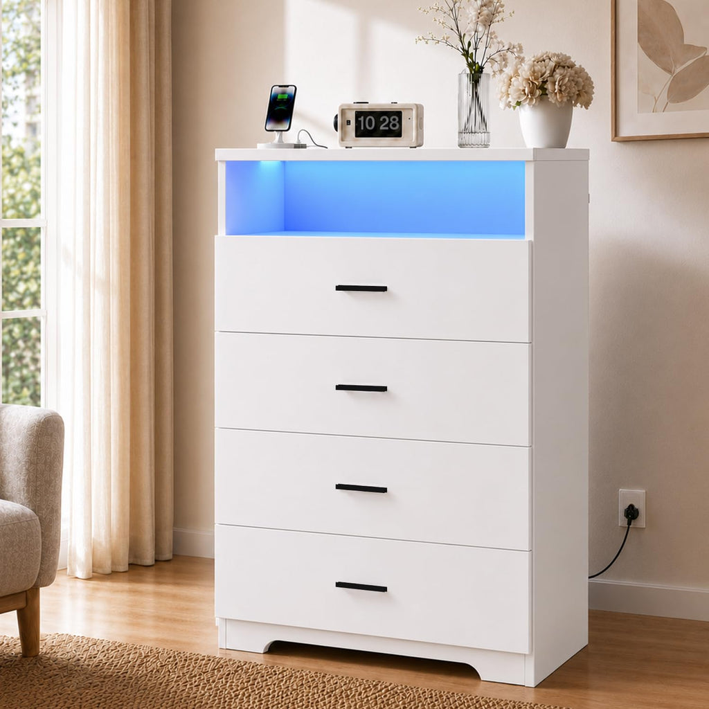 4 Drawer Dresser with Power Outlets and LED Wooden Chest of Drawers with Large Organizer White Dresser with Metal