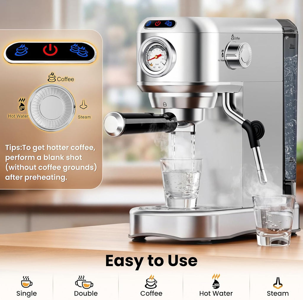 Espresso Machine 20 Bar, Compact Espresso Coffee Machine with Milk Frother, Stainless Steel Coffee Maker with 34oz