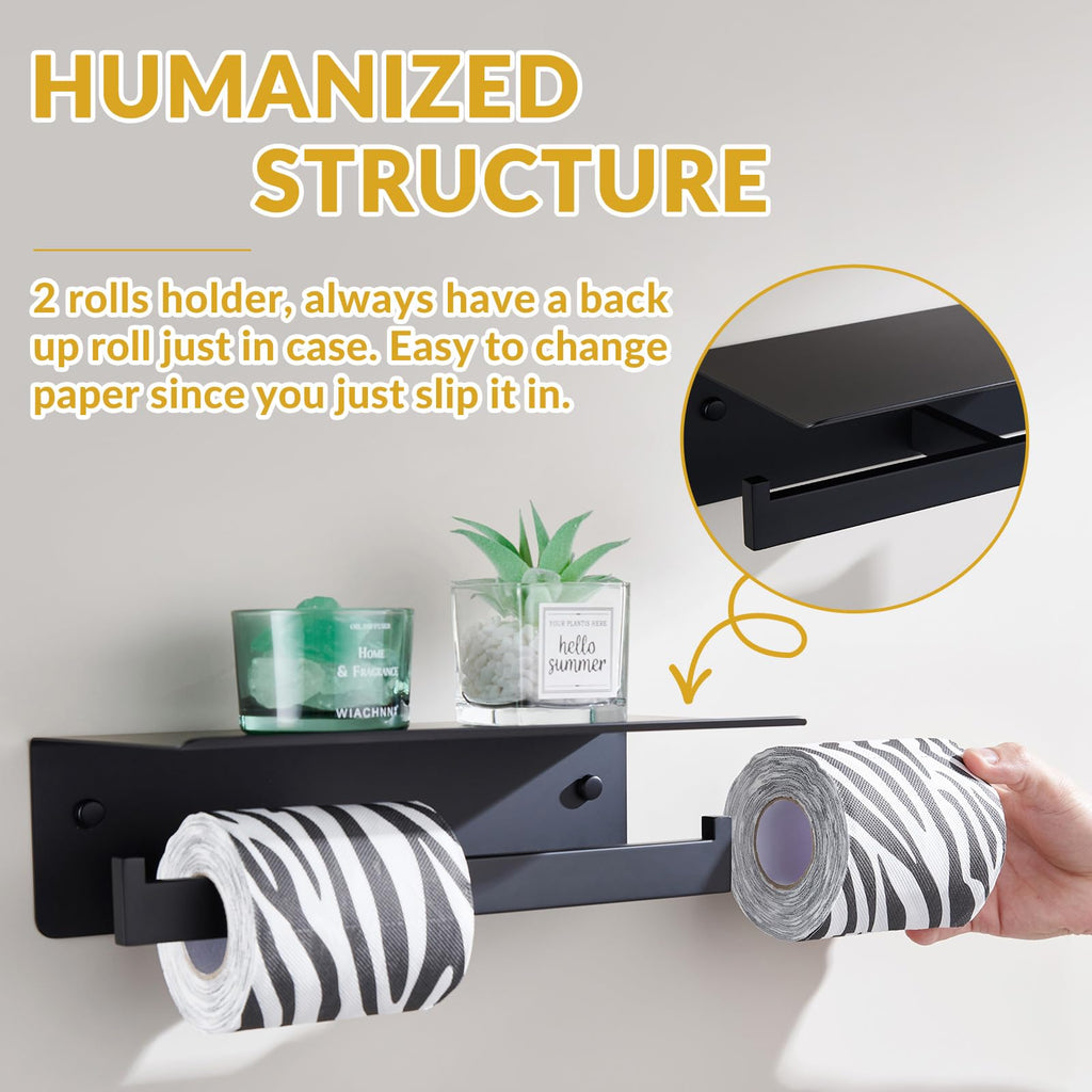 Matte Black Double Toilet Paper Holder with Shelf, Wall Mounted