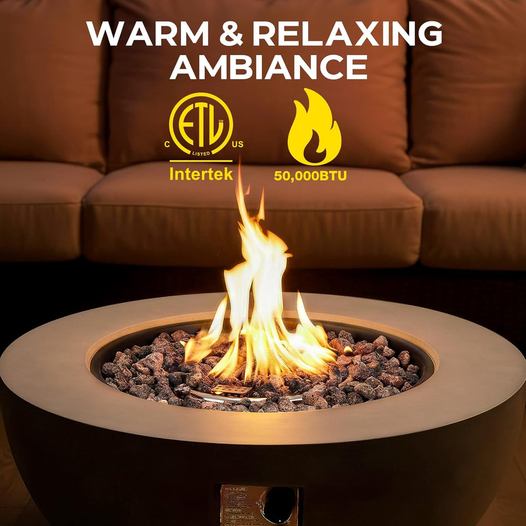 31.5 Inch Round Propane Fire Pit Table - Concrete Round Fire Bowl 50,000 BTU Natural Gas Firepit Burner with Steel Lid