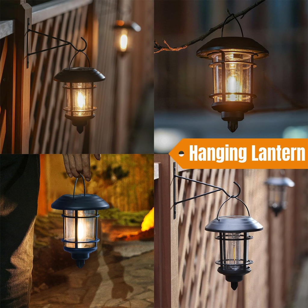 4 Pack Solar Lanterns Outdoor, Hanging Lantern Solar Garden Lights with Edison Bulb, Wall Mounted LED Light Auto