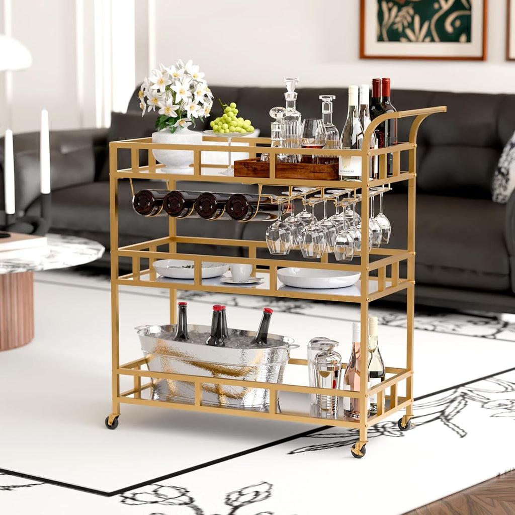 Gold Bar Carts with 3 Tier Mirror Shelves, Home Bar Cart with Wine Rack and Glass Holder, Perfect for Indoor and
