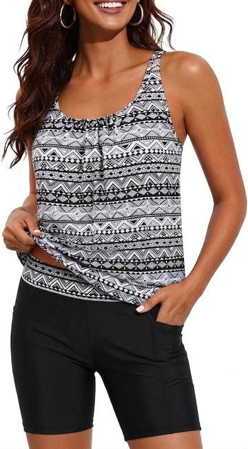 Blouson Tankini with Shorts - 7" Boy-Leg Two Piece Swimsuit with Pockets