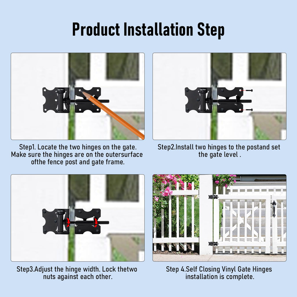 Self Closing Gate Hinges, 90 Degree Adjustable Hinges, Black, 2 Pack