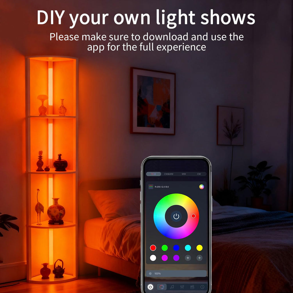 Floor Lamp with Shelves, LED Smart Modern Floor Lamp with Music Sync, Color Changing Corner Display Shelf Lamp