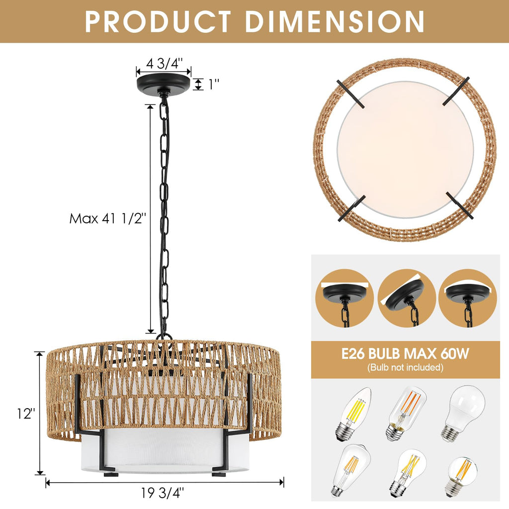19.8'' Boho Rattan Chandelier 4-Light Rustic Farmhouse Pendant Light Fixture with Fabric Lampshade Drum Chandelier