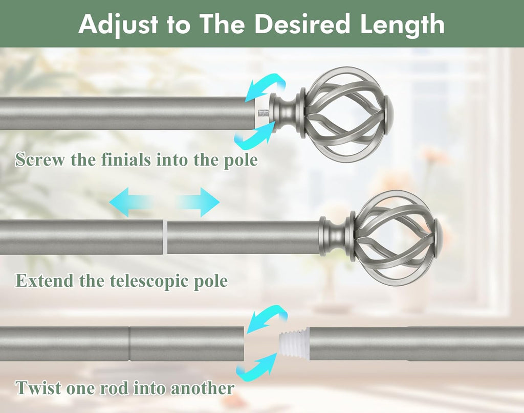Antique Silver Curtain Rod 32 to 58 Inch (2.6-4.8 ft), 7/8 Curtain Rods for Windows 20 to 54 Inch, Telescoping