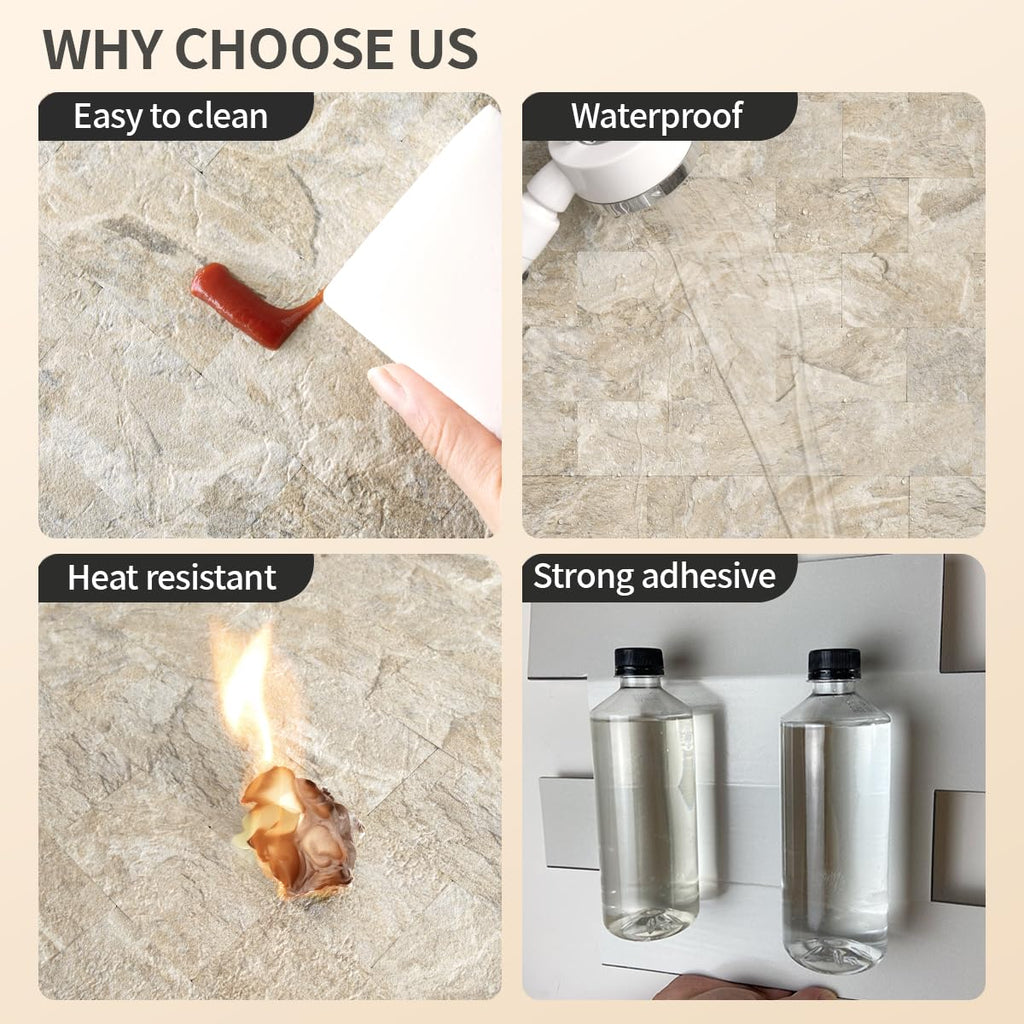 10 Sheets Sandstone Peel and Stick Backsplash Wall Tiles, 12"x12" Thick PVC Subway Tile Backsplash