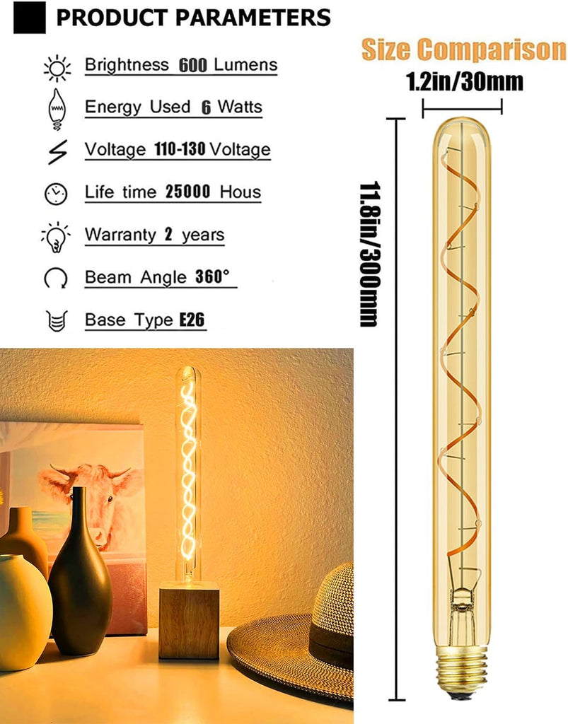 Vintage LED Spiral Filament Bulb T10, 11.8inch Long Tubular Dimmable Edison Light Bulbs,E26 Base,Amber Glass,Warm