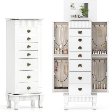 Jewelry Armoire, Standing Jewelry Box w/Mirror & 7 Drawers, White
