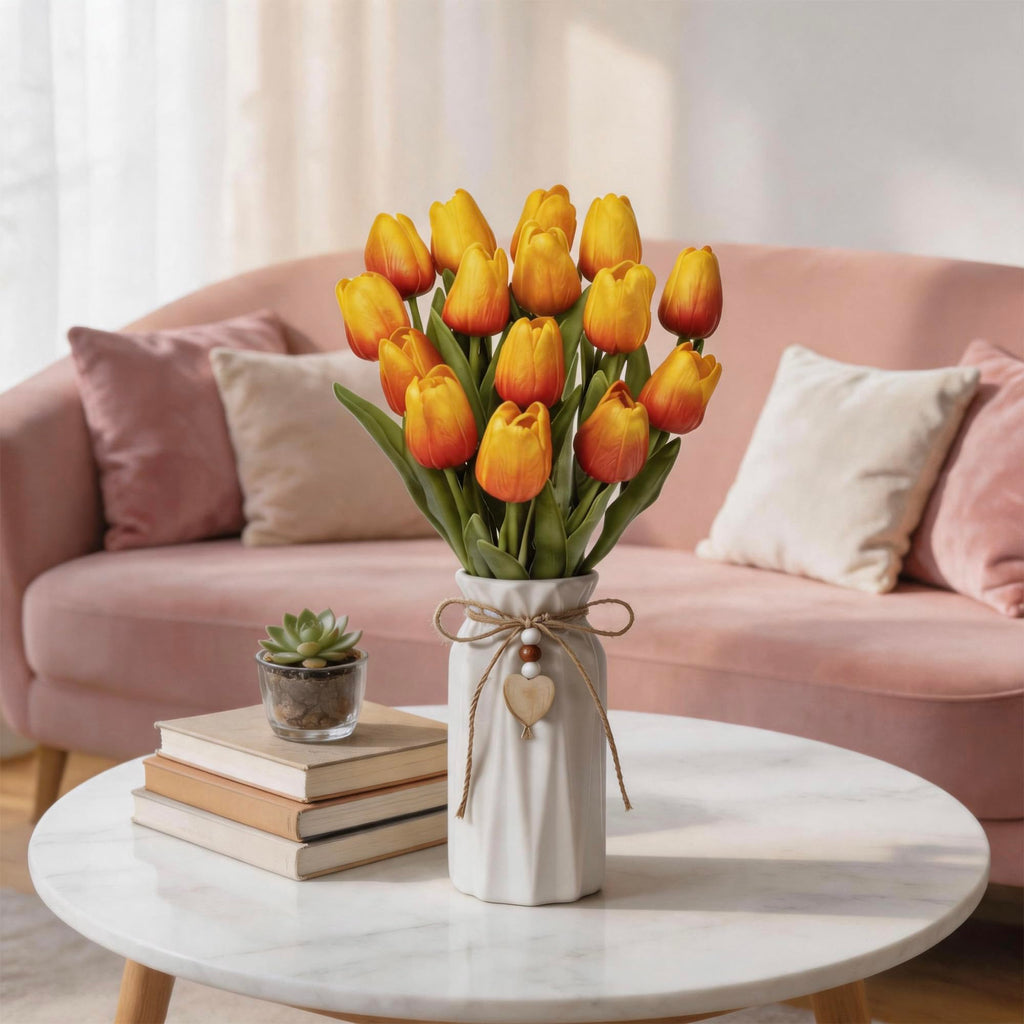 Artificial Tulip Flower Arrangement in Ceramic Vase with Rustic Heart Charm, 15 PCS PU Real Touch Faux Floral Table