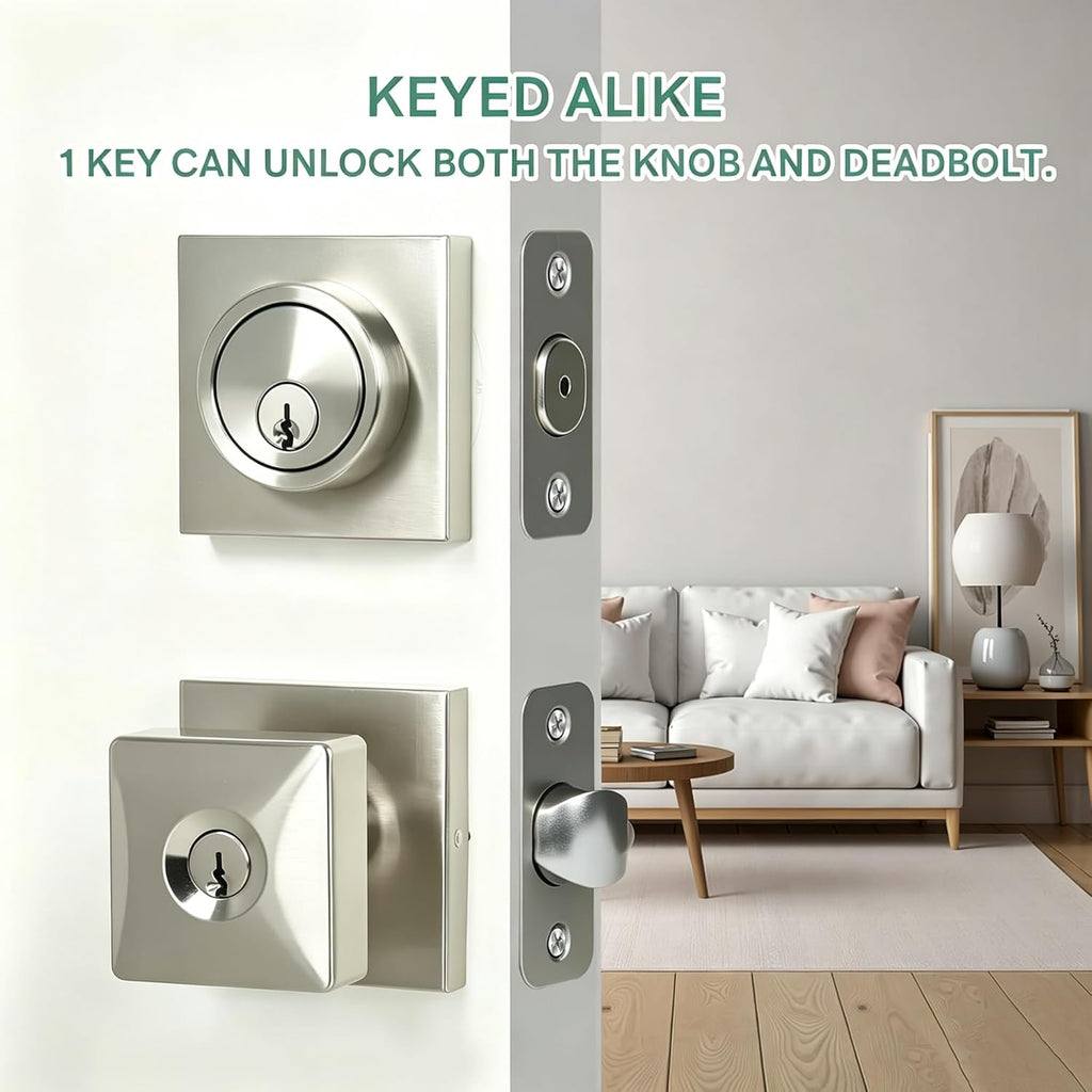 Satin Nickel Deadbolt and Door Knob Set - Square Exterior Door Knob with Deadbolt, Heavy Duty Keyed Alike for Front