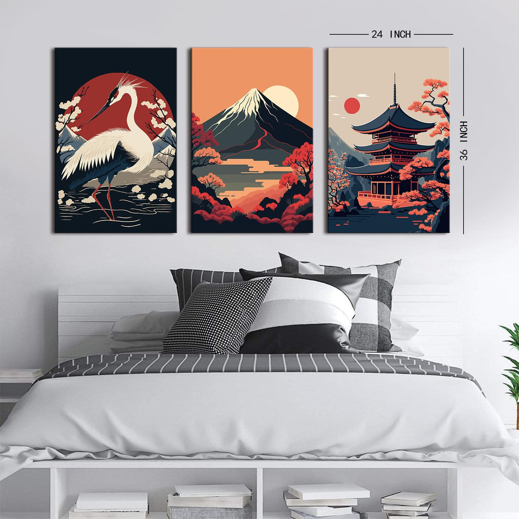 Large Japanese Wall Art Prints Red and Black Sunset Fuji Mountain Canvas Pictures White Crane Posters Retro Asian