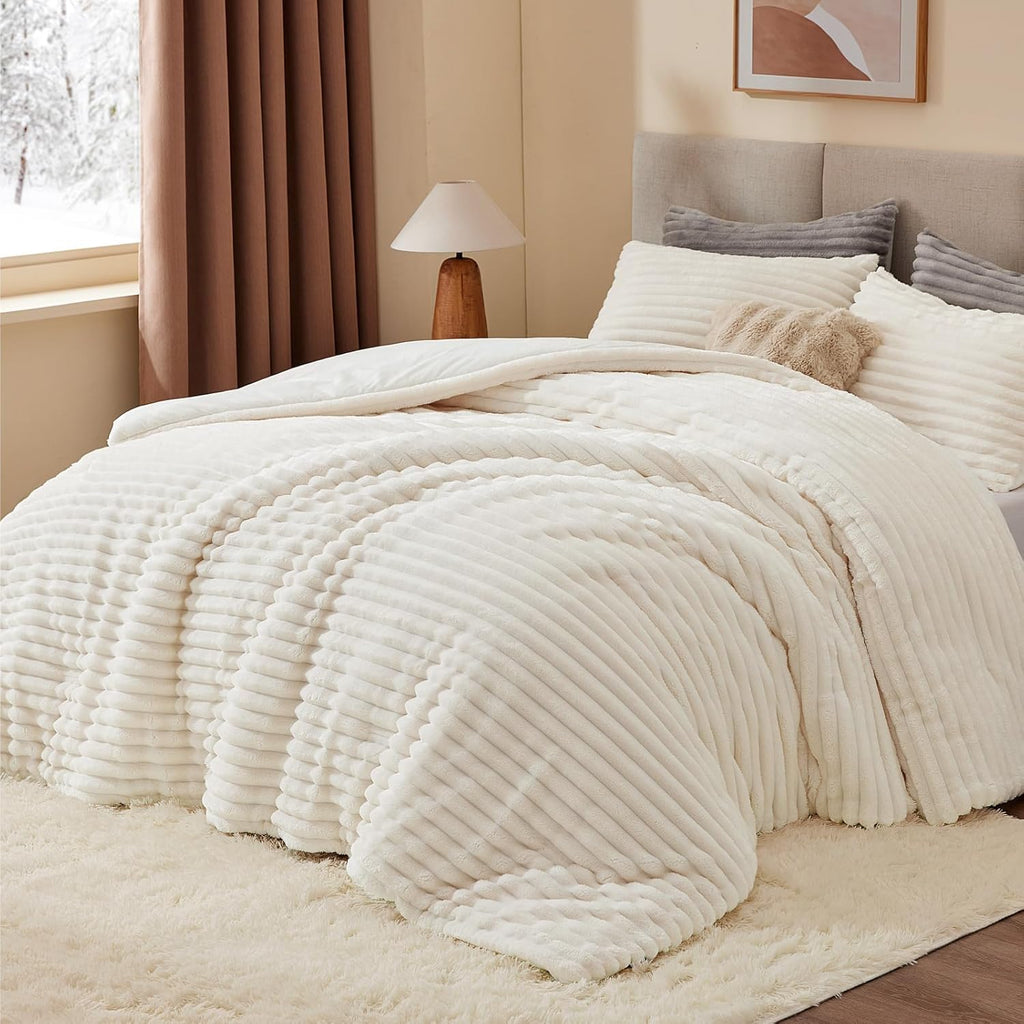 Fleece Comforter Set-Super Soft & Warm Fluffy Cream White Bedding