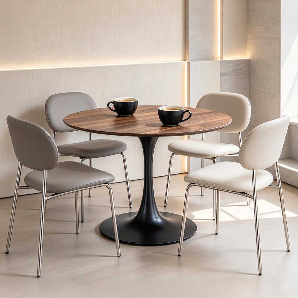 42 Inch Walnut Round Dining Table for 4, Tulip Dining Table with Thickened Tabletop & Sturdy Metal Pedestal, Mid