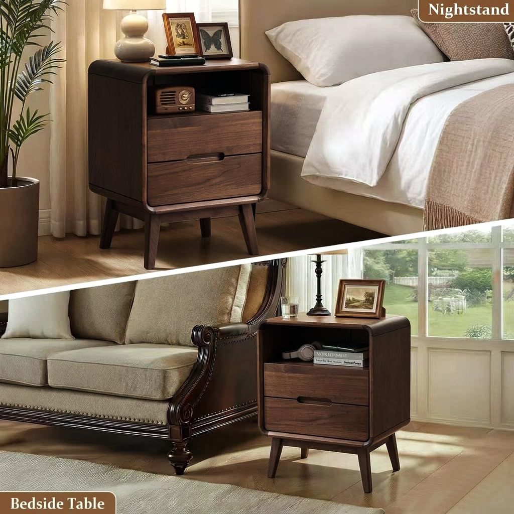 Walnut Nightstand Set of 2, Solid Wood Nightstand with Drawers & Open Storage Shelf, Mid Century Modern Nightstands