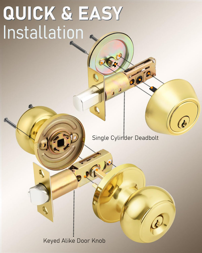 3 Pack Keyed Alike Front Door Knob and Deadbolt Set, Entry Door Locksets with Single Cylinder Deadbolt, Polished