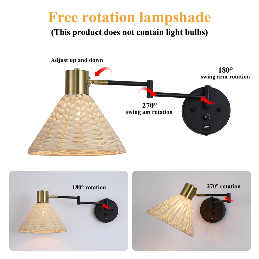 Plug in Rattan Wall Sconce Swing Arm Wall Lamp, Black