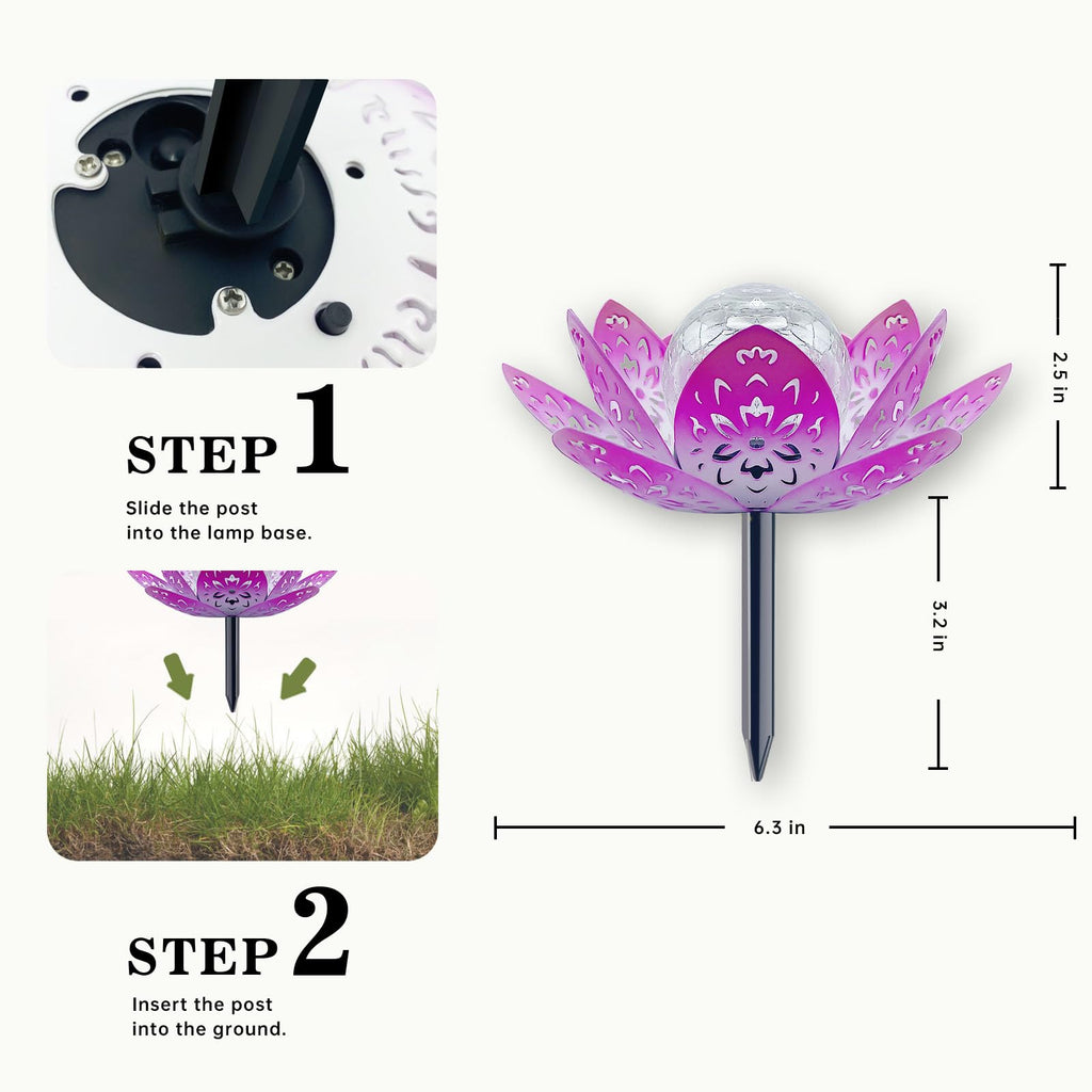 2 Pack Solar Garden Decor Lights Outdoor, Decorative Lotus Flower Solar Path Lights with Crackle Glass Globe, IP44