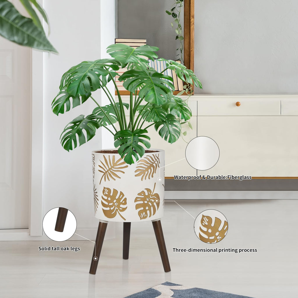 12 Inch Planter, Plant with Stand, Large Planters for Indoor Plants, Flower Pot with Drainage Holes for Outdoor, White