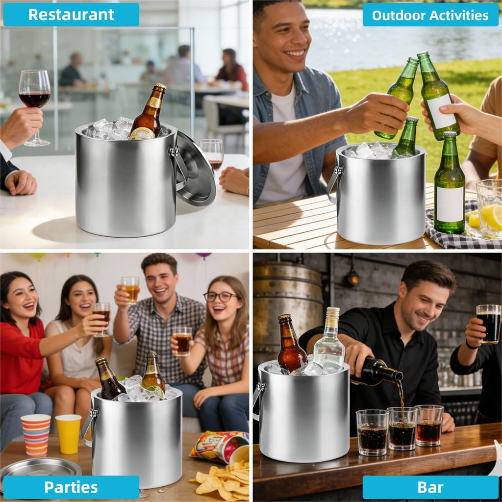 3L Double-Wall Stainless Steel Ice Bucket with Lid & Tongs