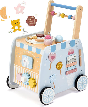 Wooden Baby Walker, Multifunctional Ice Cream Cart, Push Walker with Wheels