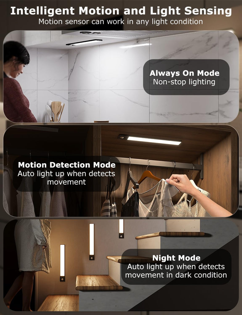 12" Under Cabinet Lighting Wireless, Remote, Motion Sensor, 8Pack, Black