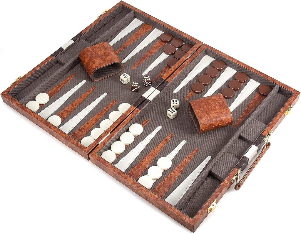 Backgammon Set, 15 Inches Classic Board Game with Leather Case, Folding Board, Gift Package, Portable Travel Strategy