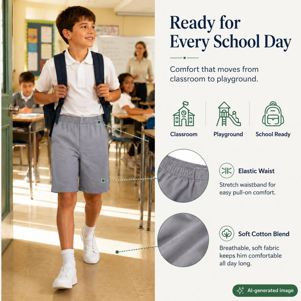 Boys Elastic Waist Shorts: Cotton Casual School Uniform