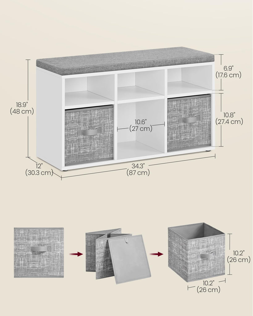 Shoe Bench with Cushion, 6 Compartments, 3 Adjustable Shelves