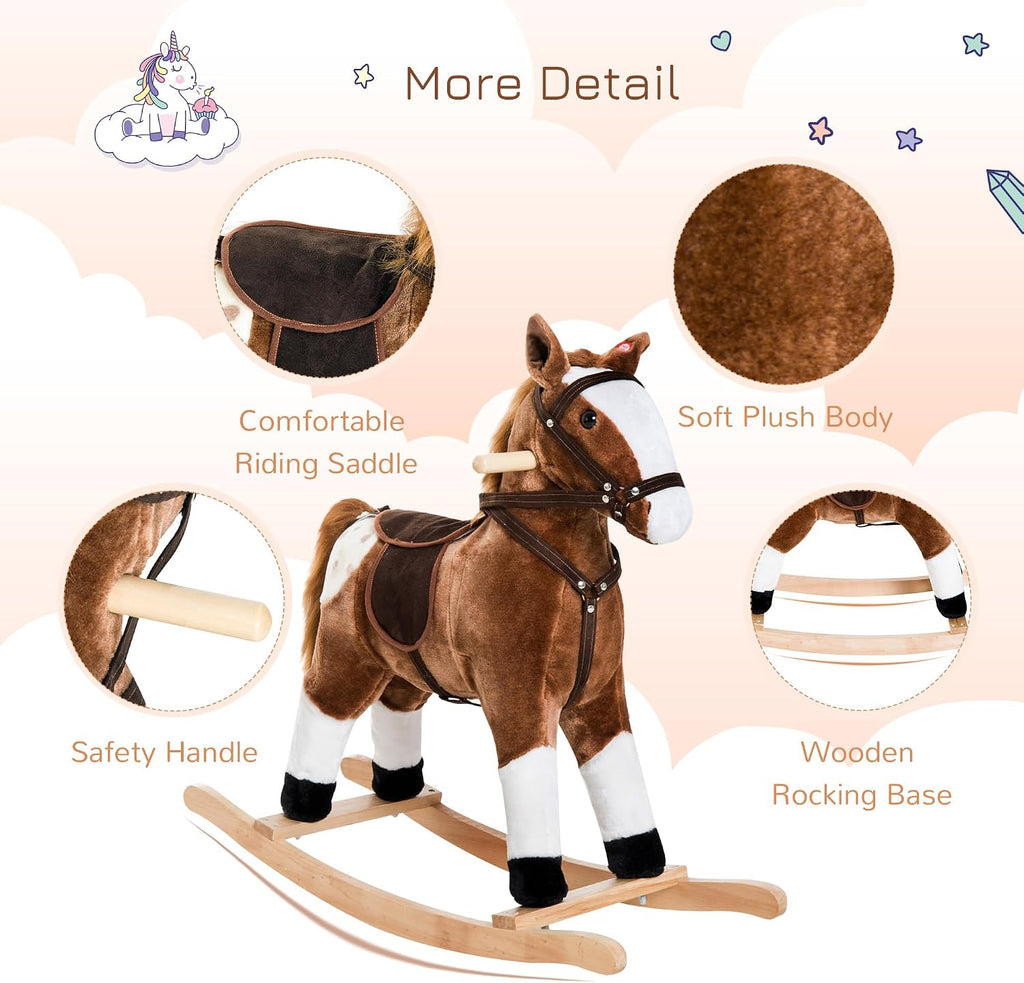 Kids Rocking Horse Plush for Boys Girls with Realistic Sounds Brown