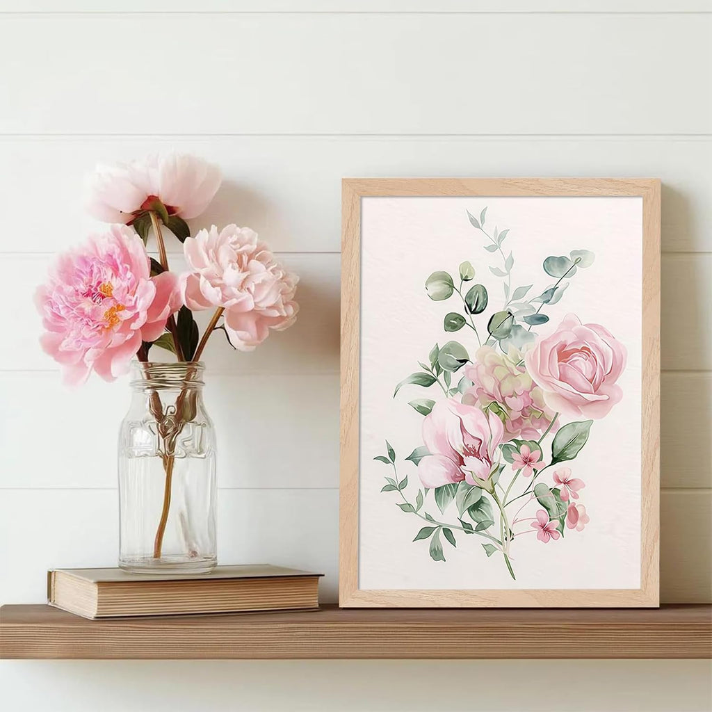 Framed Botanical Wall Art Set of 2, Pink Floral Canvas Prints with Natural Wood Frames, 8x10