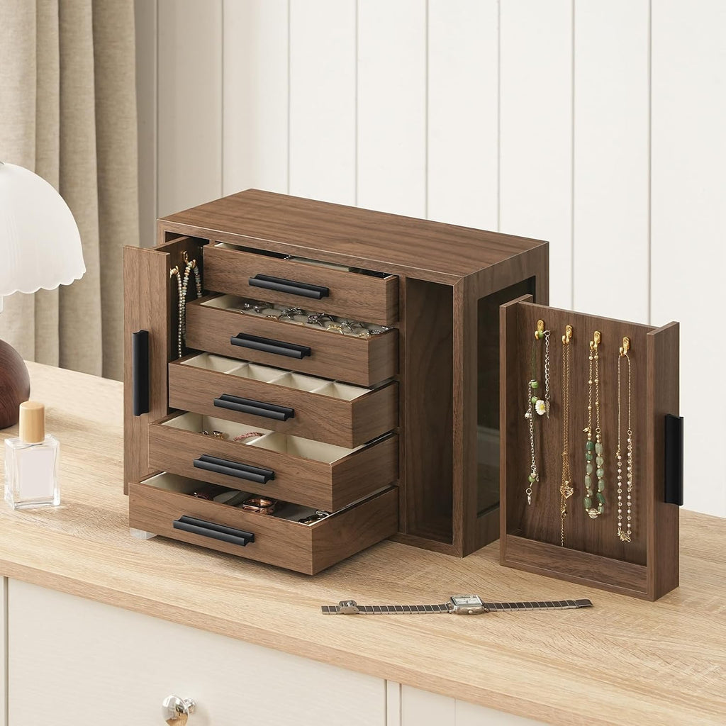 5-Tier Jewelry Box, Wooden Jewelry Organizer with Transparent Window
