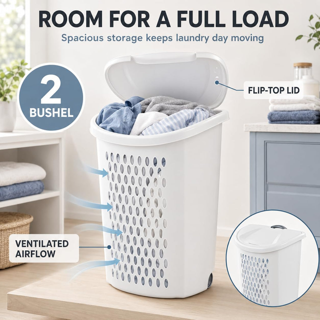 White Rolling Laundry Hamper with Wheels & Handle, 2 Bushel