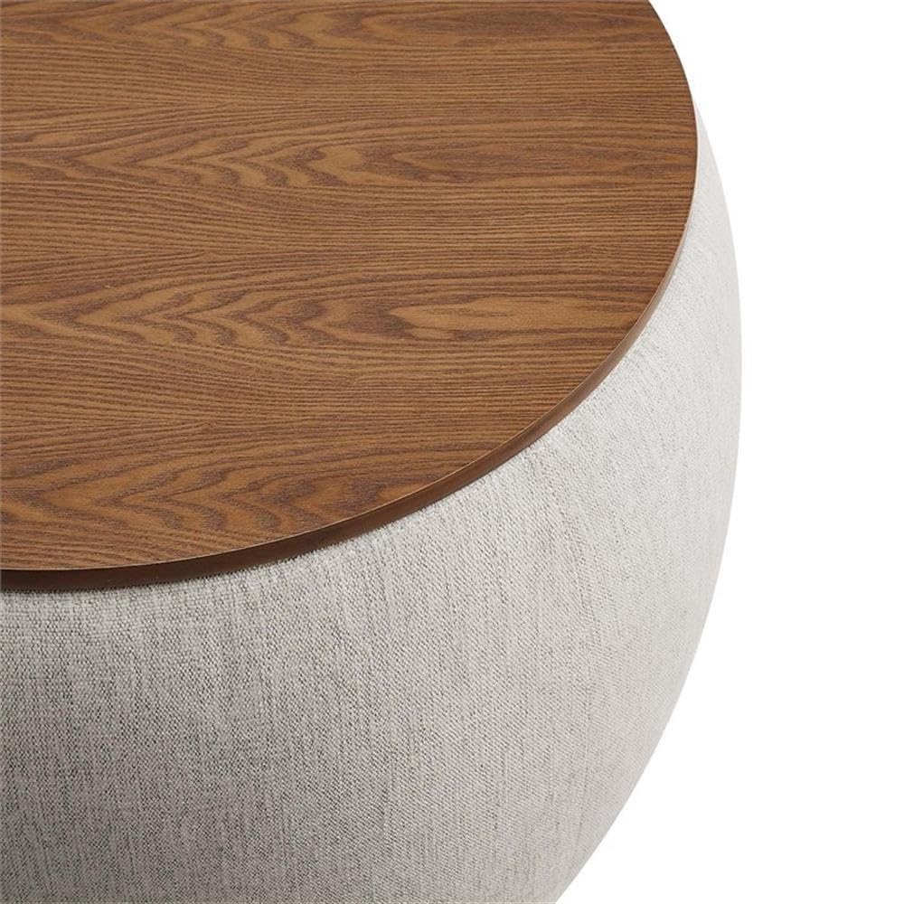 Perla 26 Inch Round Storage Ottoman with Tray Lid in Ivory Fabric -Heathered Fabric Ottoman - Versatile Footrest