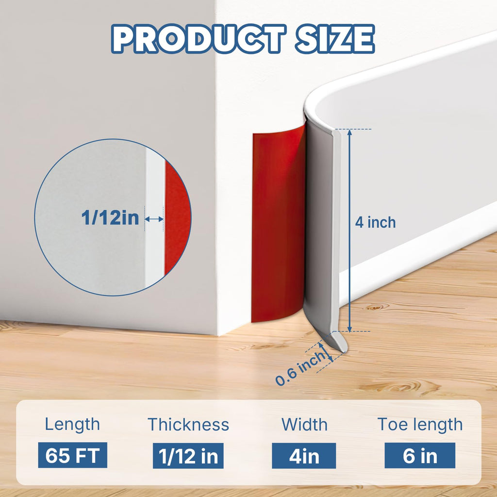 Baseboard Trim, White Vinyl Peel and Stick Molding, 4" x 65 FT