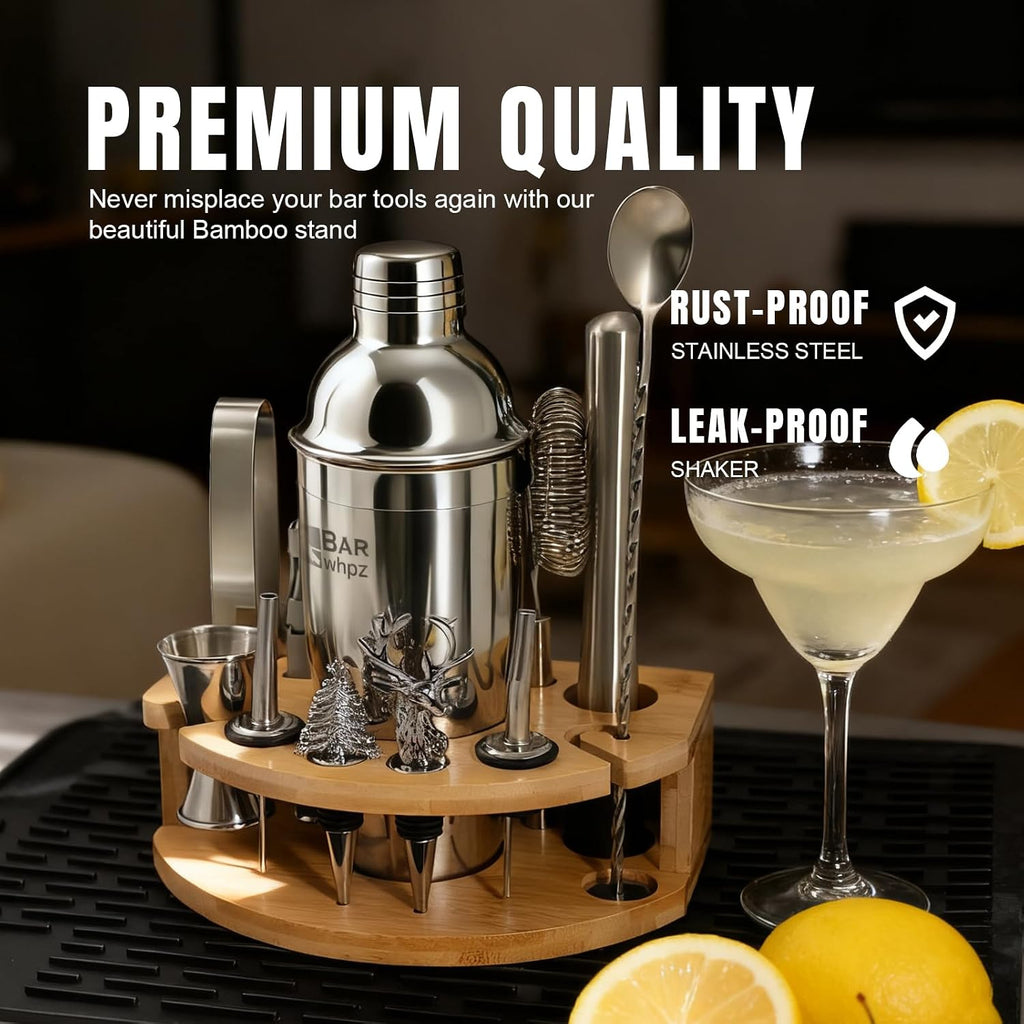 Silicone Pad Included Cocktail Shaker Set Bartender Kit,Mixology Bartender Kit 13-Piece with Bamboo Stand,Martini - Set of 13