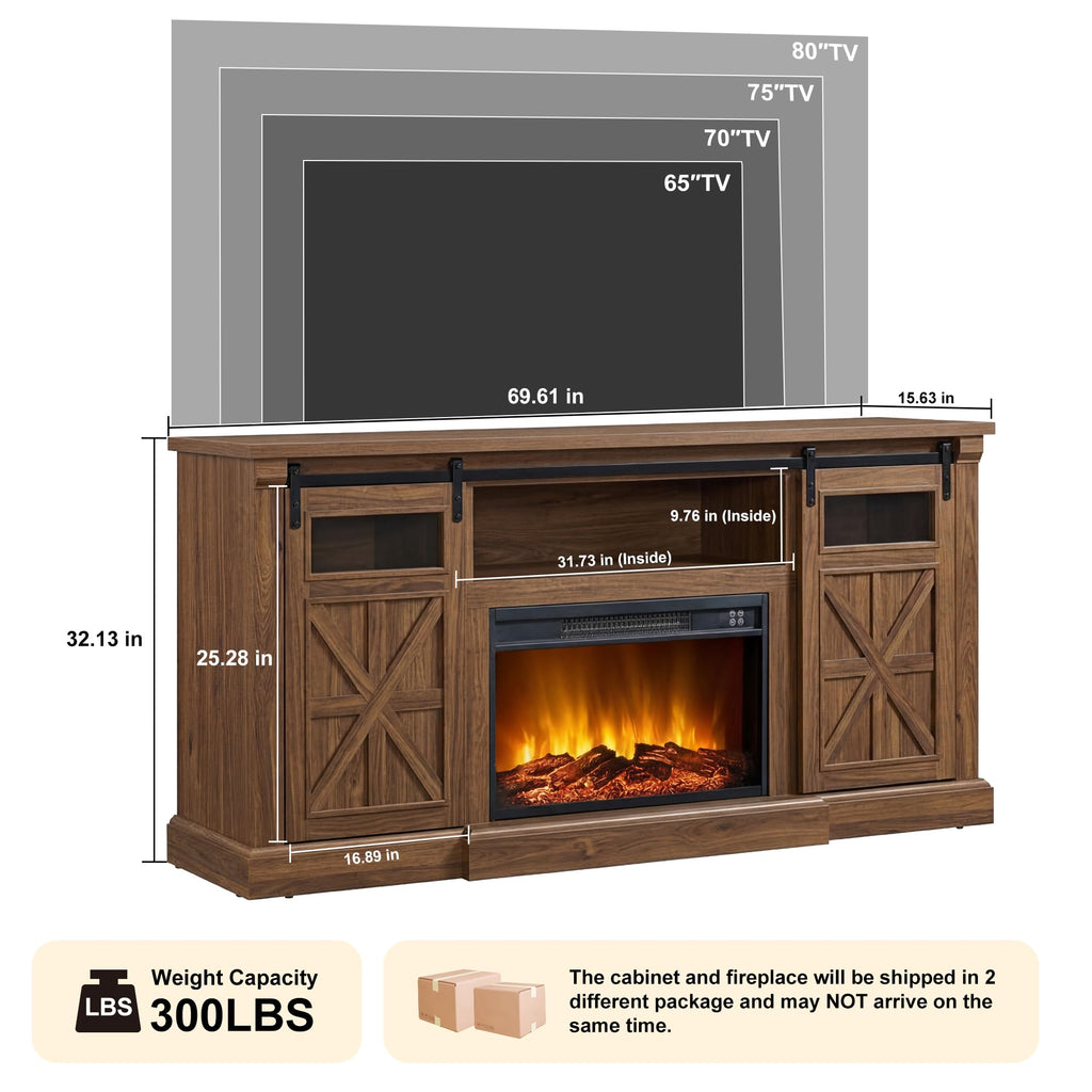 For up to 80 Inch TVs, 32'' Tall LED Entertainment Center with Electric Fireplace, Farmhouse TV Console Table