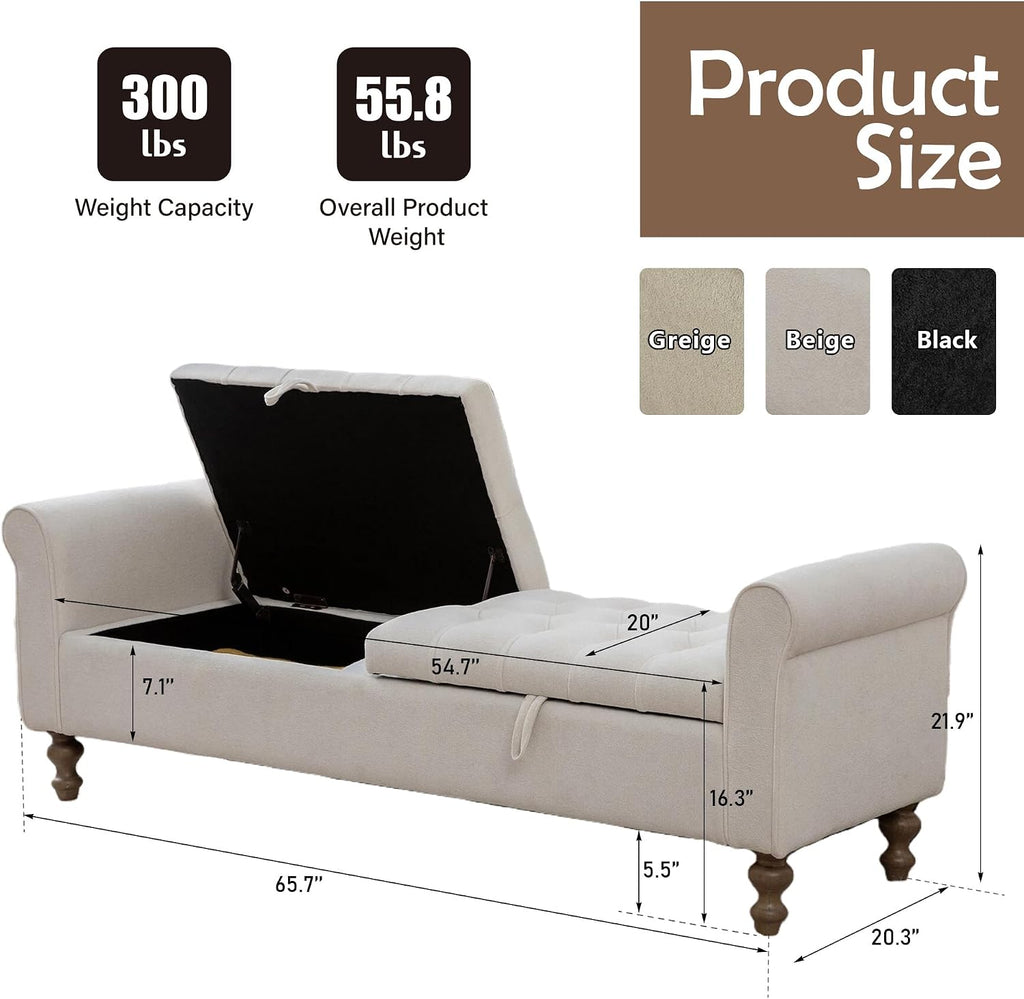 66" End of Bed Storage Bench King Size Beige,Napped Fabric Window Bench with Dual-Opening Compartments,Long Tufted