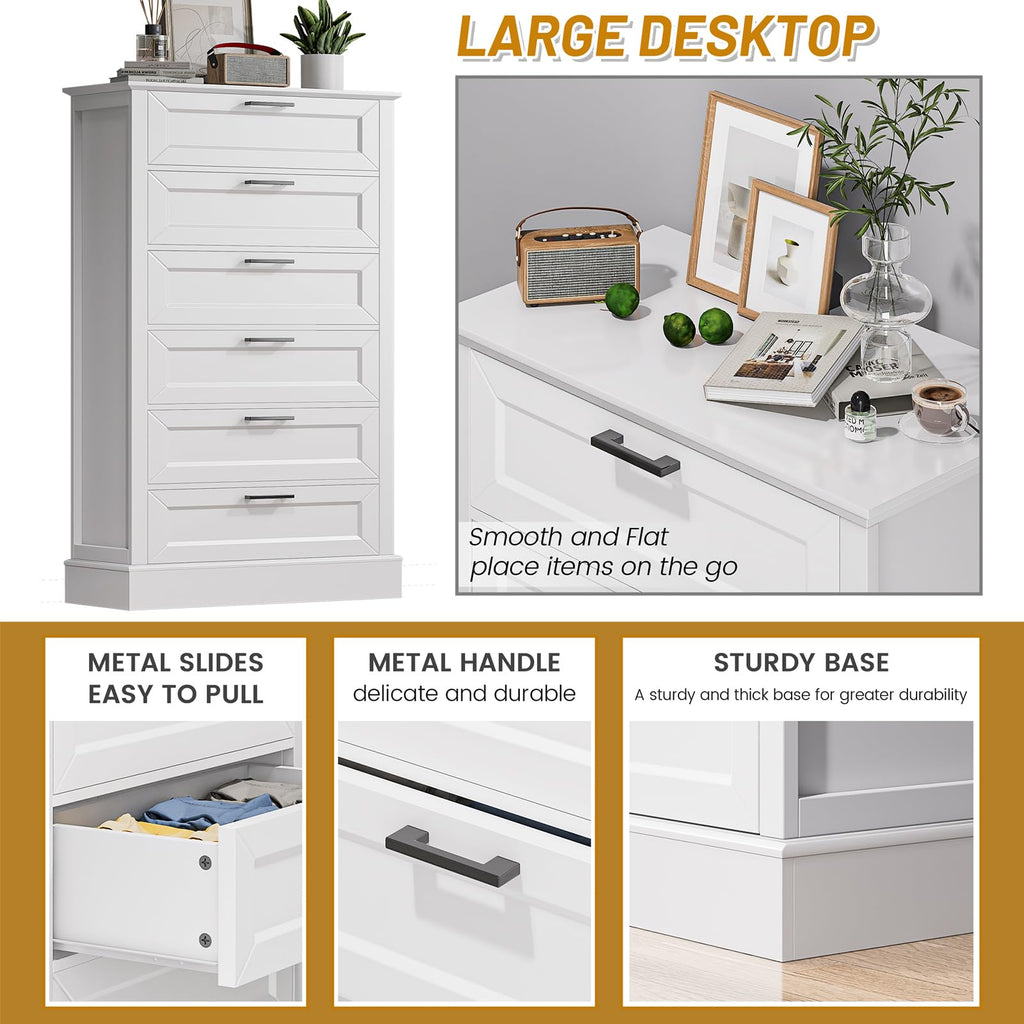 White 6 Drawer, 55 Inch Tall White, Modern Farmhouse Style Chest of Drawers Living Room, Wood Rustic Tall Clothing
