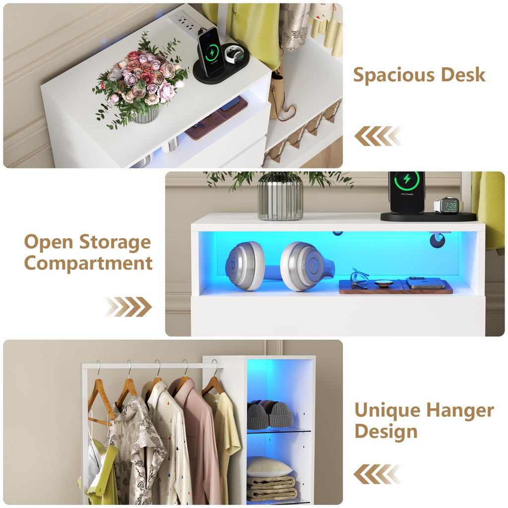 Dresser with Hanging Rack, 3 Drawers Dresser with Charging Station & LED