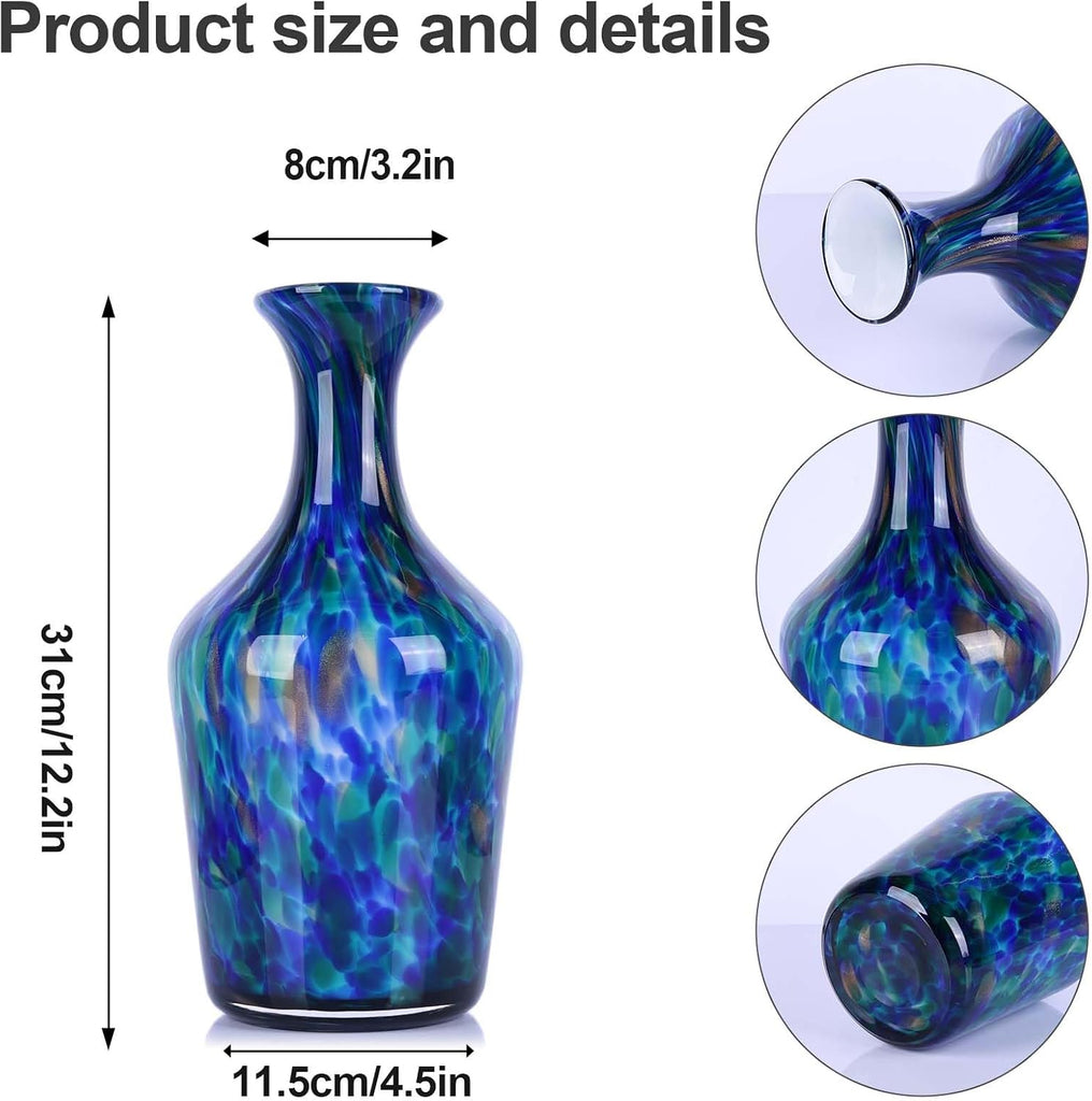 Hand Blown Glass Vase Teal Mosaic (Blue Green Splash) - Murano Inspired Art Glass Vase with Wide Mouth for Flowers